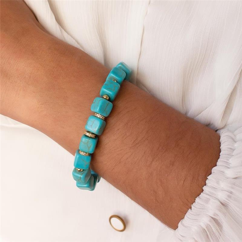 PULSEIRA FOLHEADA PEDRA TURQUESA COM ROLETES DOURADOS