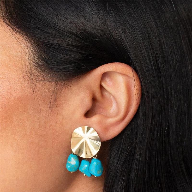 BRINCO FOLHEADOREDONDO PEDRA TURQUESA