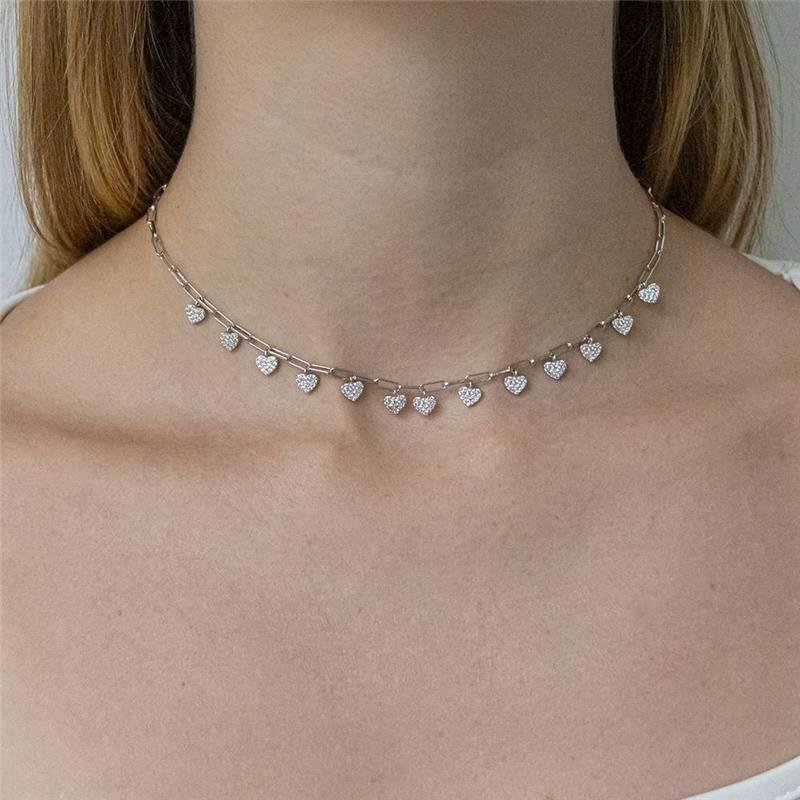 GARGANTILHA CHOKER FOLHEADA RÓDIO BRANCO CORAÇÃO ZIRCÔNIA