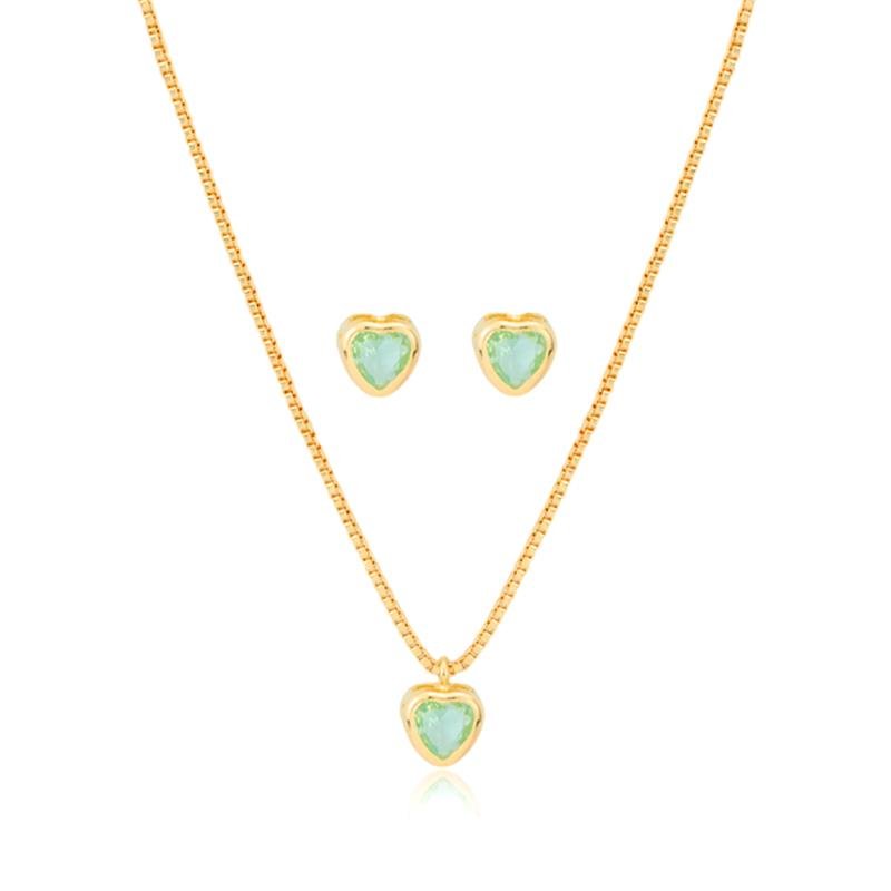 CONJUNTO FOLHEADO CORAÇÃO COM PEDRA VERDE - INFANTIL 