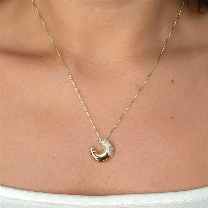 GARGANTILHA FOLHEADA PINGENTE LUA CRAVEJADA