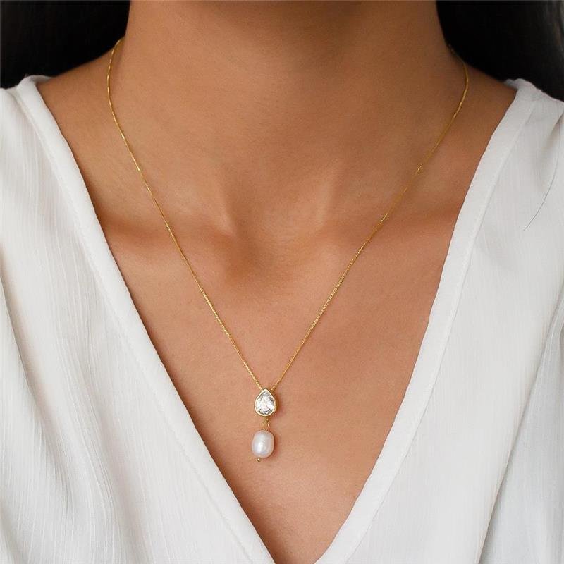 GARGANTILHA FOLHEADA PÉROLA GOTA EM PONTO DE LUZ