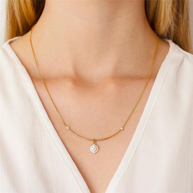 GARGANTILHA FOLHEADA PINGENTE CRAVEJADO PONTO DE LUZ