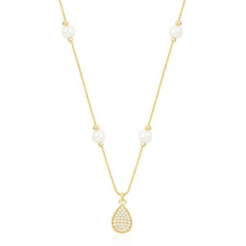 GARGANTILHA FOLHEADA PÉROLA GOTA ZIRCÔNIA - 50CM