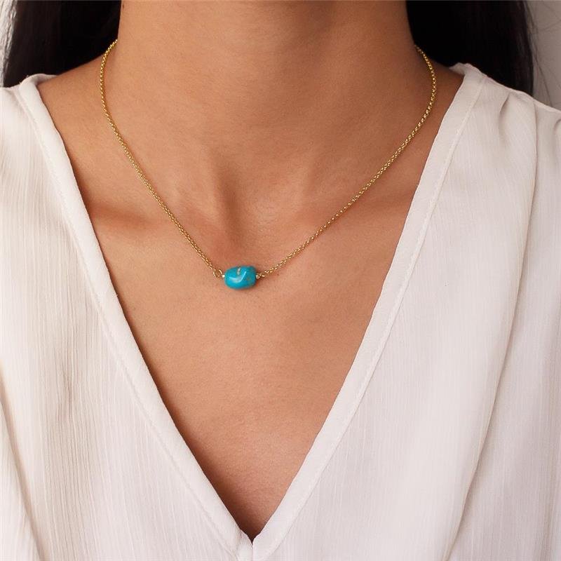 GARGANTILHA FOLHEADA ELOS PORTUGUES PEDRA TURQUESA - 40CM