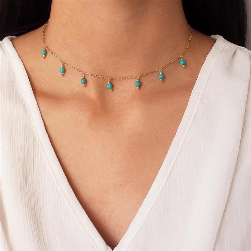 GARGANTILHA CHOKER FOLHEADA PEDRA TURQUESA - 30CM