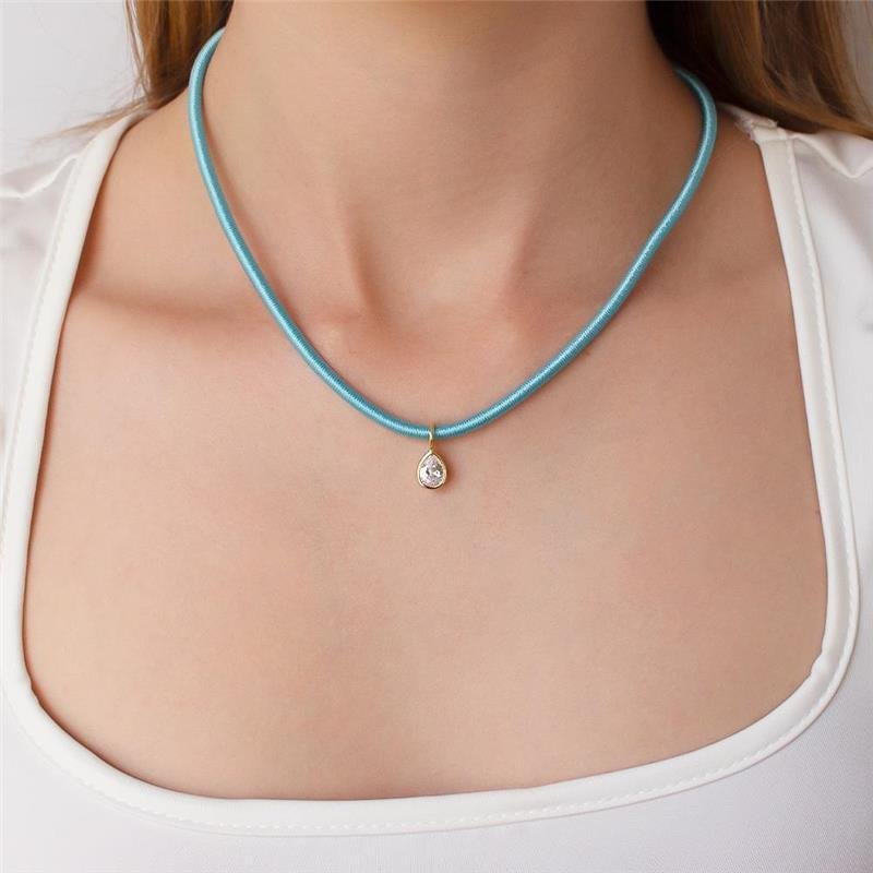 GARGANTILHA FOLHEADA CORDÃO AZUL GOTA - 35 CM