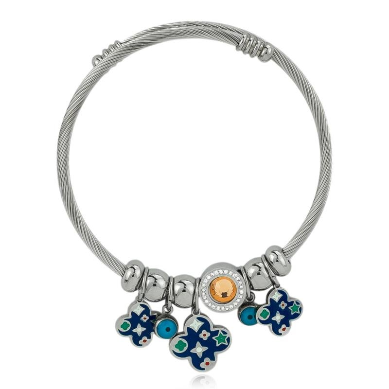 BRACELETE EM AÇO BERLOQUE TREVO DETALHES