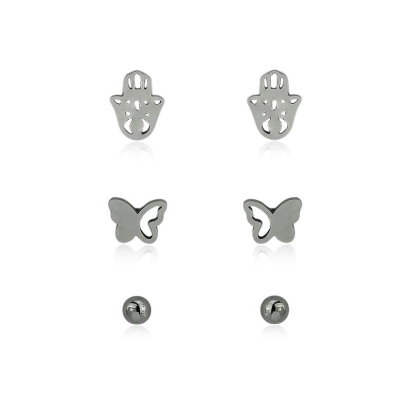 BRINCO EM AÇO TRIO MÃO DE FÁTIMA - BORBOLETA - ESFERA 