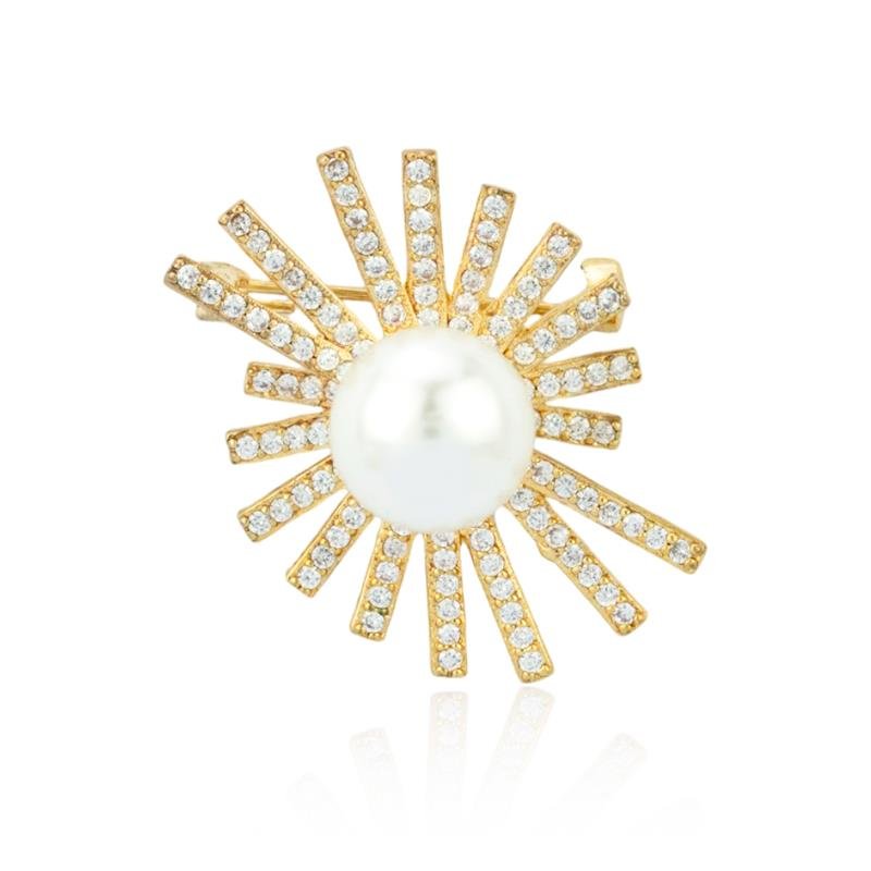 BROCHE FOLHEADO COM PÉROLA E ZIRCÔNIAS