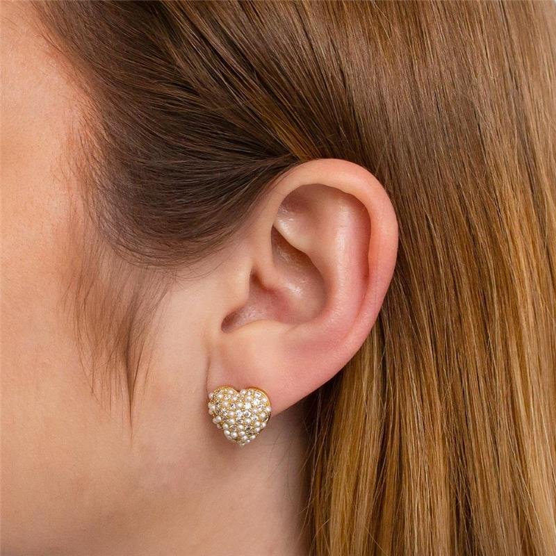 BRINCO FOLHEADO CORAÇÃO CRAVEJADO PÉROLAS SHELL 