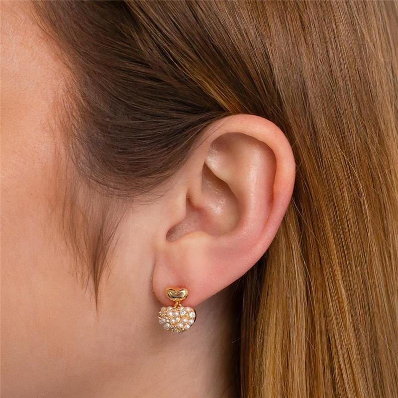 BRINCO FOLHEADO CORAÇÃO CRAVEJADO PÉROLAS SHELL