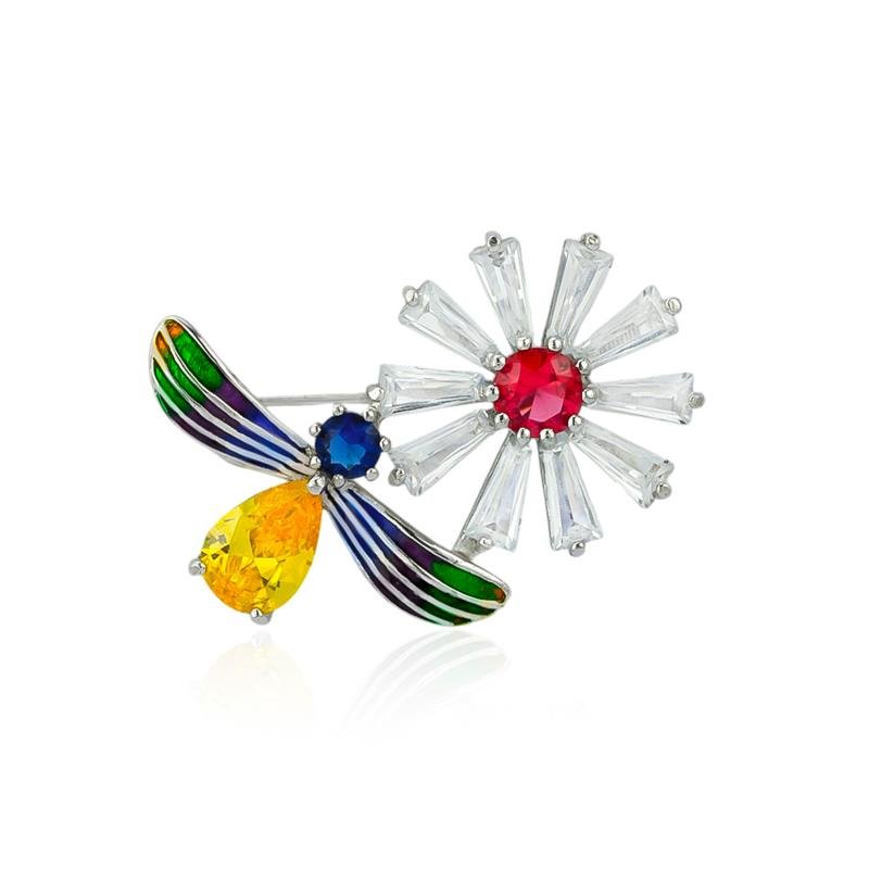 BROCHE FOLHEADO COLORIDO FLOR E LIBÉLULA