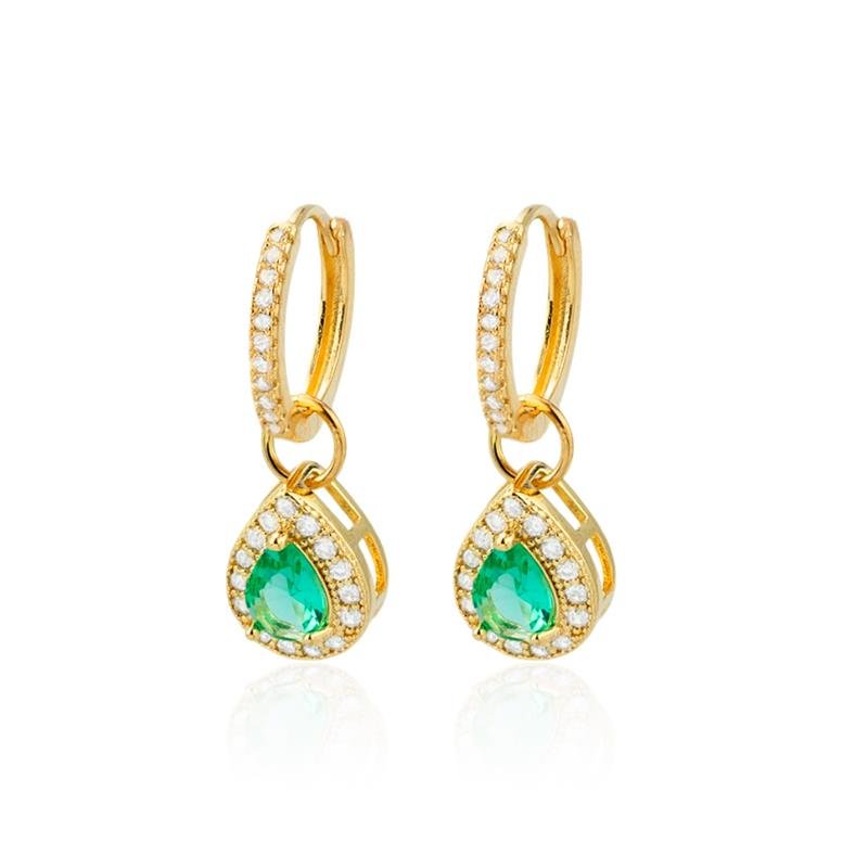 ARGOLA FOLHEADA GOTA COM PEDRA VERDE 