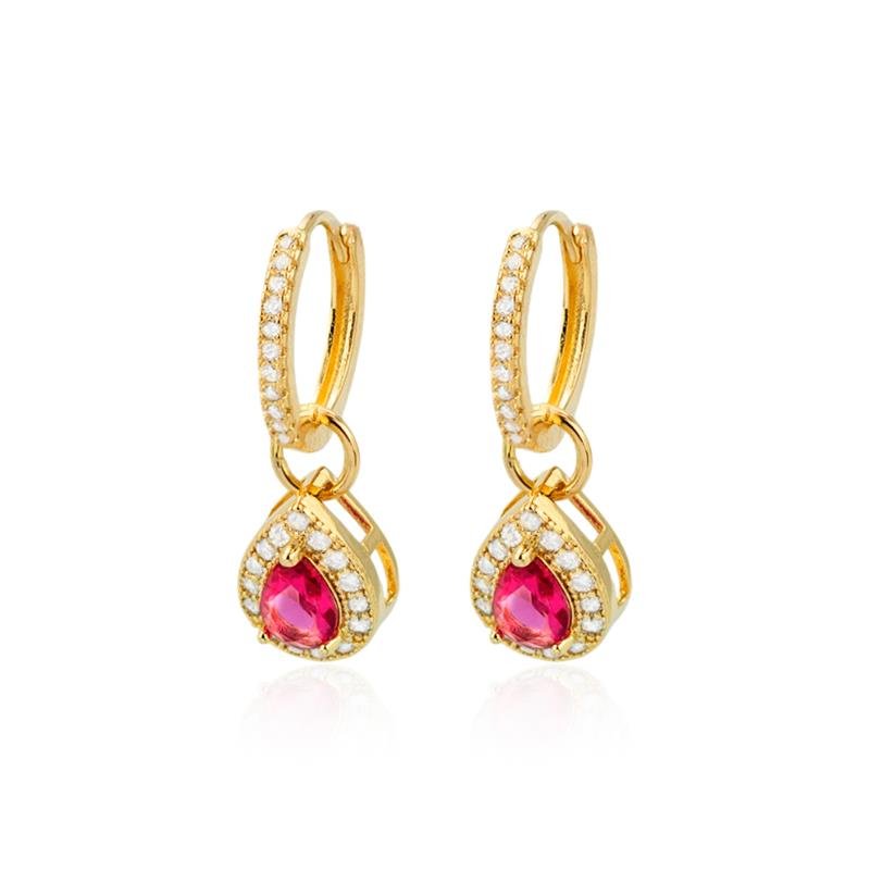 ARGOLA FOLHEADA COM PEDRA ROSA GOTA