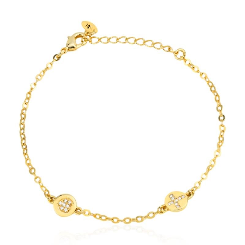 PULSEIRA FOLHEADA CORAÇÃO E CRUZ CRAVEJADO 