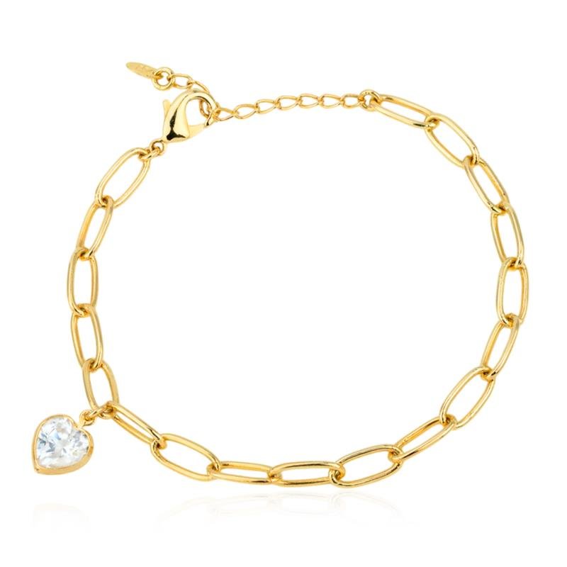PULSEIRA FOLHEADA ELOS E CORAÇÃO COM PONTO DE LUZ 