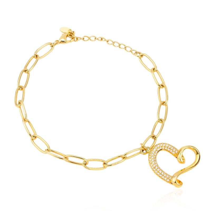 PULSEIRA FOLHEADA CORAÇÃO CRAVEJADO ELOS 