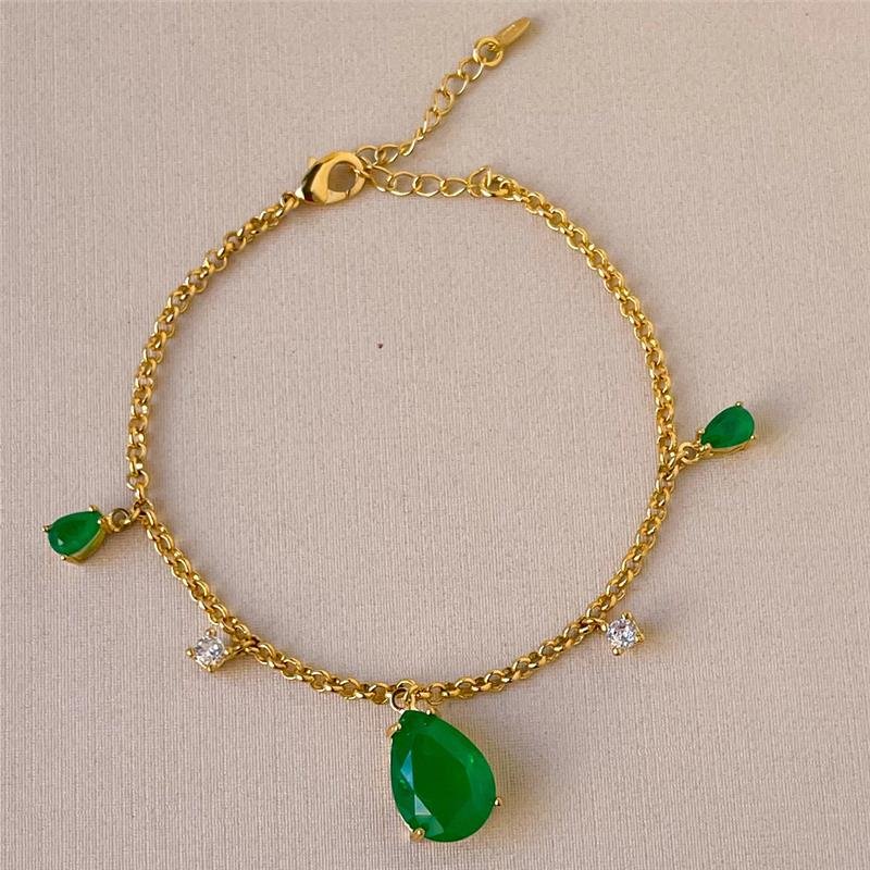 PULSEIRA FOLHEADO COM PEDRA VERDE GOTA E 18 CM 
