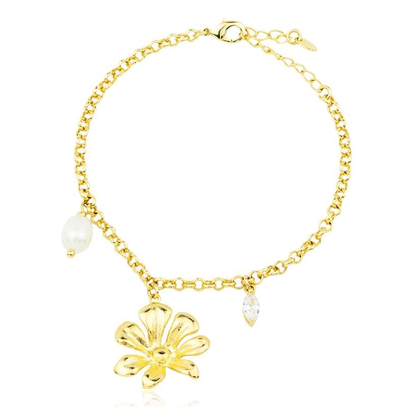 PULSEIRA FOLHEADA FLOR E PÉROLA BARROCA - IMPERIAL