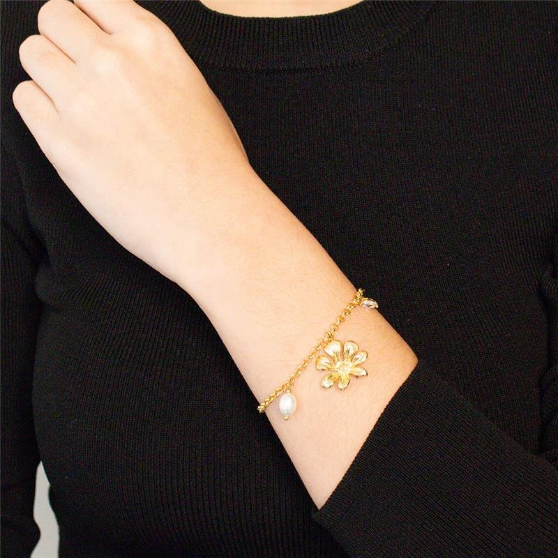 PULSEIRA FOLHEADA FLOR E PÉROLA BARROCA - IMPERIAL