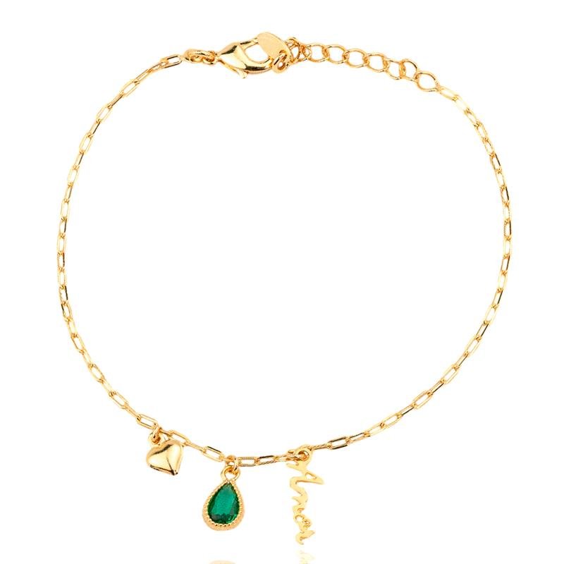 PULSEIRA FOLHEADA PEDRA VERDE AMOR 