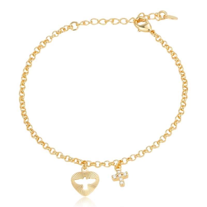 PULSEIRA FOLHEADA CORAÇÃO E CRUZ CRAVEJADA 