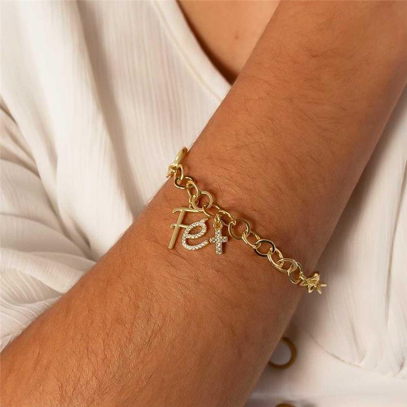 PULSEIRA FOLHEADA FÉ E CRUZ COM ZIRCÔNIA