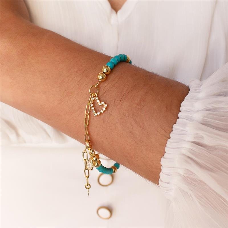 PULSEIRA FOLHEADA PEDRA TURQUESA COM PINGENTES