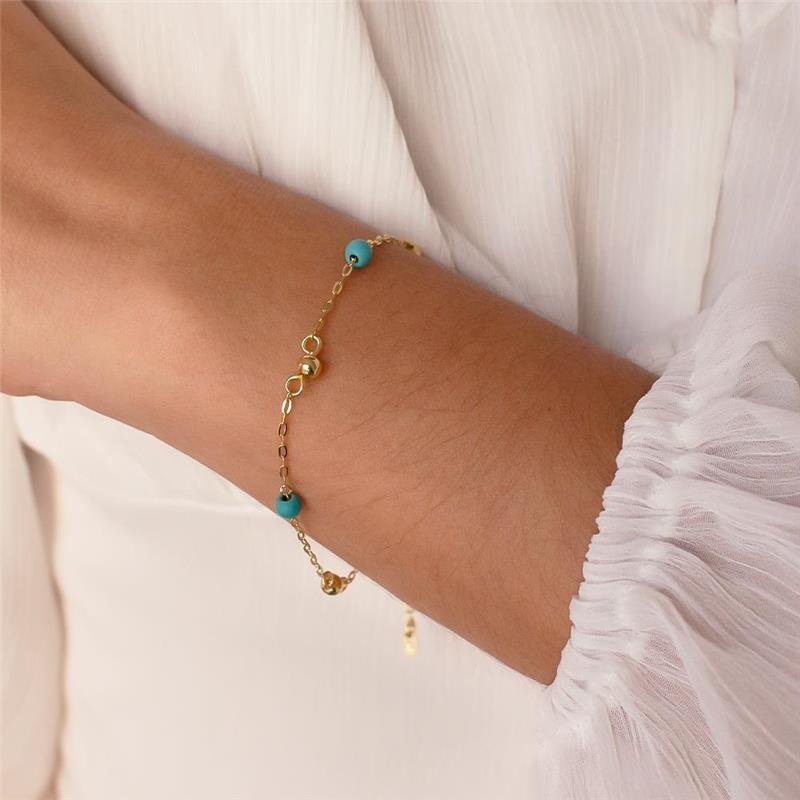 PULSEIRA FOLHEADA BOLINHA E PEDRA TURQUESA